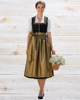 Affordable Midi Dirndl Dress in Black with Golden Satin Apron