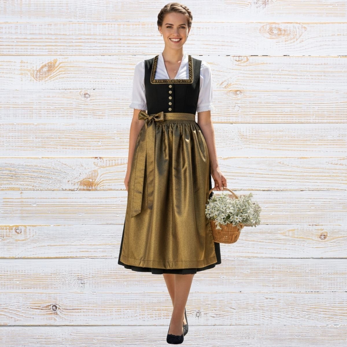 Affordable midi dirndl dress in black with golden satin apron