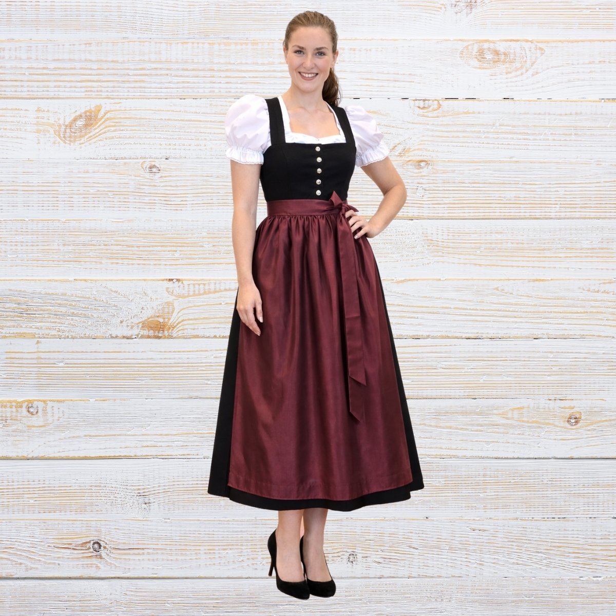 Elegant Black Burgundy Dirndl with Front Buttons for Women (3)