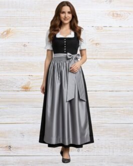 Elegant Black Cotton Dirndl with Silk Gray Apron Set