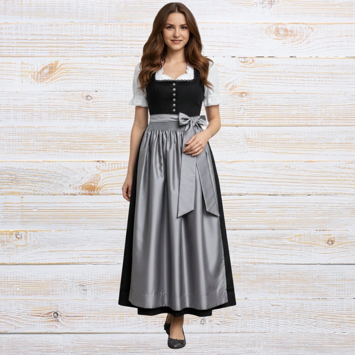 Elegant Black Cotton Dirndl with Silk Gray Apron Set