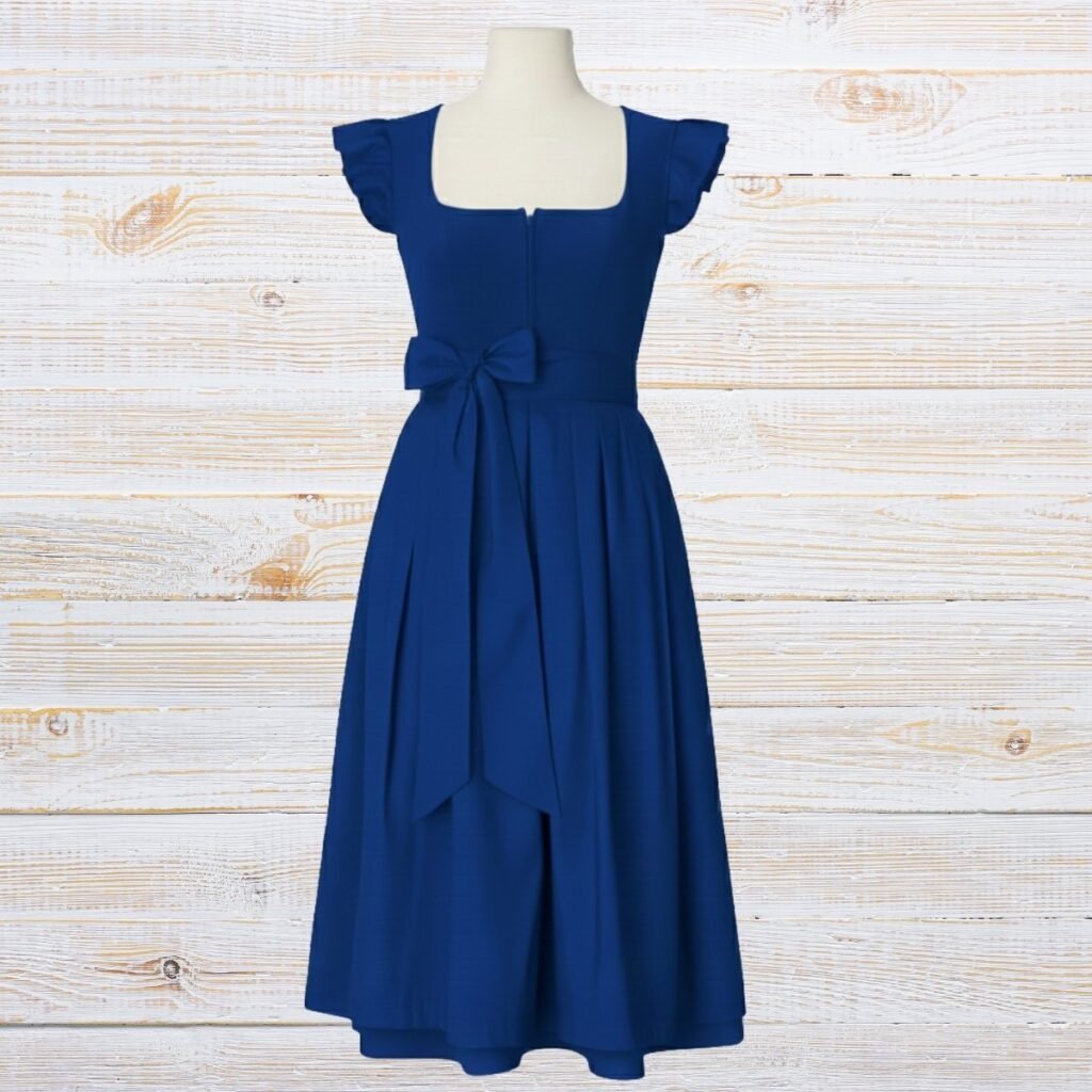 Elegant Blue Cotton Dirndl Dress with Satin Apron