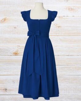 Elegant Blue Cotton Dirndl Dress with Satin Apron