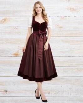 Elegant Burgundy Dirndl Dress in Velvet with Satin Apron