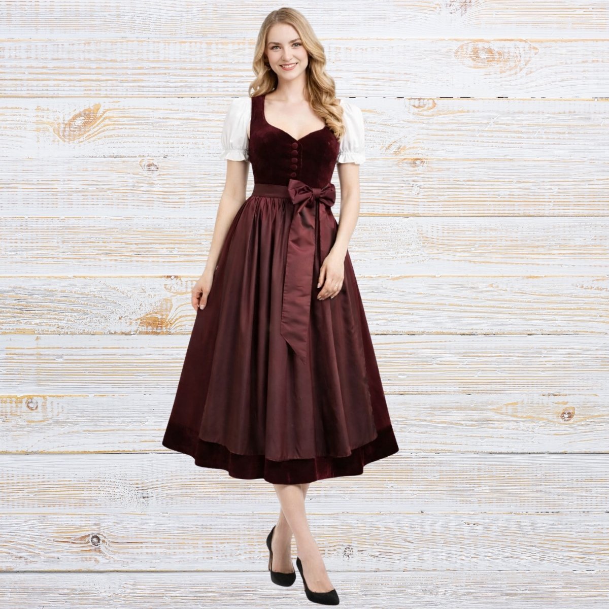 Elegant Burgundy Dirndl Dress in Velvet with Satin Apron