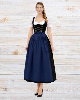 Elegant Long Dirndl Dress Set with Blue Satin Apron