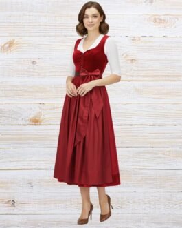 Elegant Red Velvet Dirndl Dress with Satin Apron Beauty