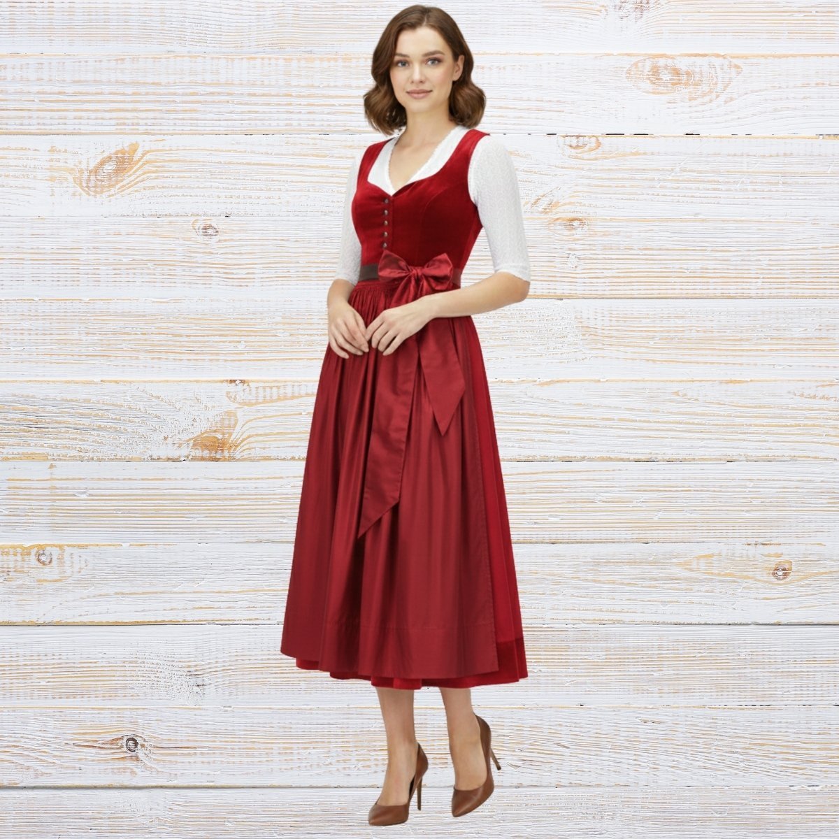 Elegant Red Velvet Dirndl Dress with Satin Apron Beauty