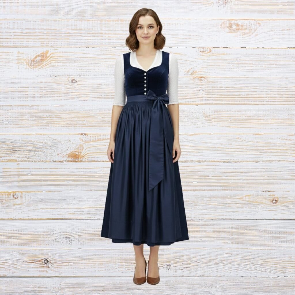 Luxury Velvet Dirndl for Oktoberfest Navy Blue Satin Apron