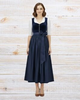 Luxury Velvet Dirndl for Oktoberfest Navy Blue Satin Apron