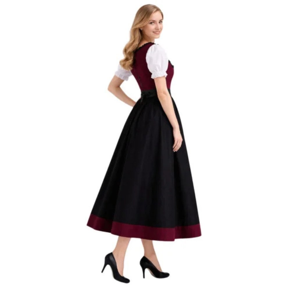 long sleeve dirndl dress Vintage Handmade Dirndl Dress: Feather Print Maxi Dress
