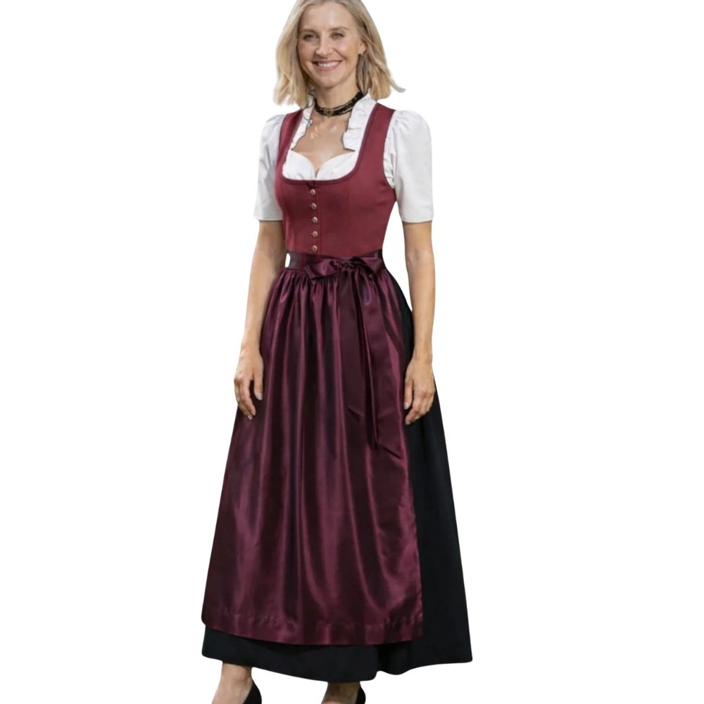 Elegant Wine Red Black Long Dirndl – Bavarian Classic