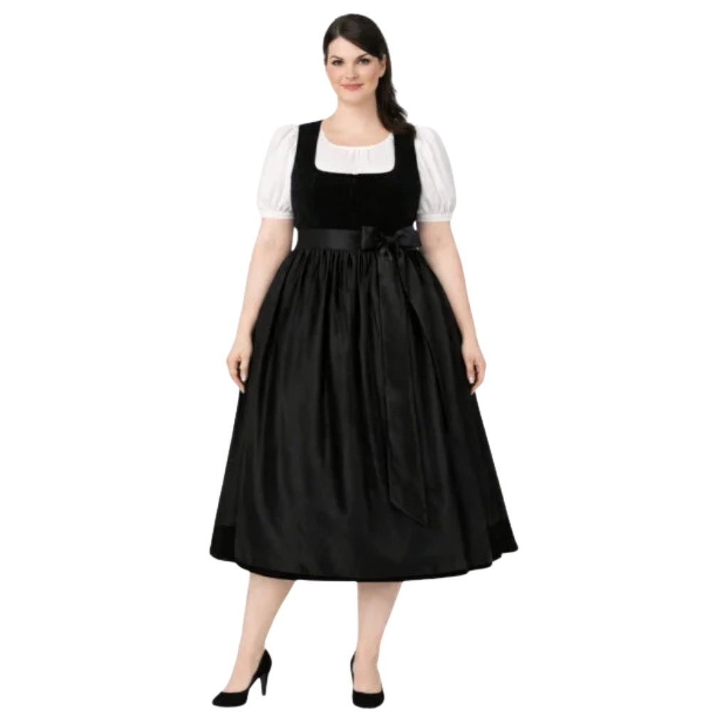 Stunning Plus Size Black Velvet Dirndl Bow Belt Dress
